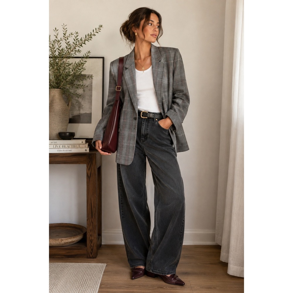 Bretton Place Blazer Womens 14 Gray Glen Plaid 100% Wool Oversized 90s Vintage